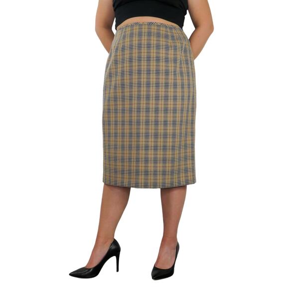90s Vintage Le Suit Tan Black & Red Plaid High Rise A-Line Pencil Skirt Size 14 - Picture 5 of 5